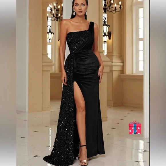 strapless open back dress Elegant Long One Shoulder Satin Mermaid Prom Dress with Slit